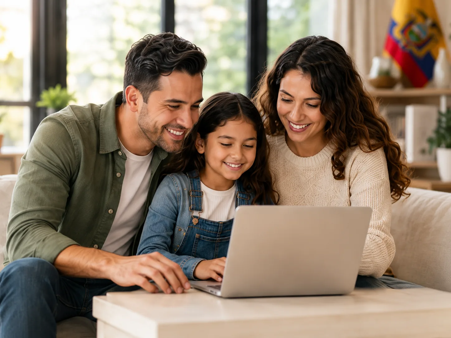 Familia ecuatoriana preparando su trámite consular con el ordenador